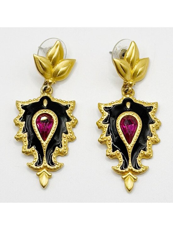 Bob Mackie Jewelry - BOB MACKIE Goldtone Black Enamel Fuchsia Crystals Shield Dangle Earrings